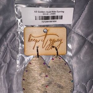 AB Golden Acid Hide Teardrop Earrings in Natural Tan with Multicolor Rhinestones